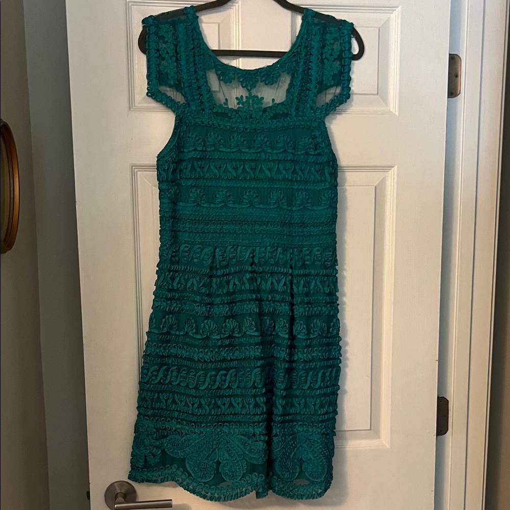 Anthropologie Teal Lace Cap Sleeve Dress